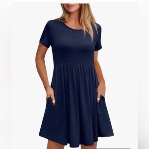 Women's Navy Short Sleeve Mini Swing Dress with Pockets